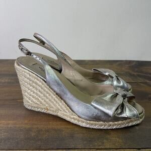 Valentino Metallic Silver Pewter Leather Bow Wedge Espadrille Sandals EU 39 8.5